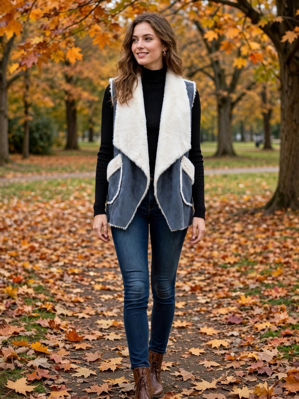 e Luna Gray Faux Shearling Vest Cream Faux Fur Lining | One Size Fits M